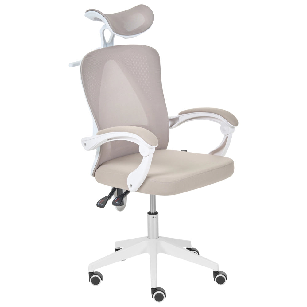 Sedia da ufficio beige in rete, base girevole, altezza regolabile, braccioli, poggiatesta, per ufficio domestico, moderna