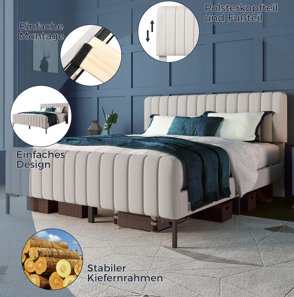 Letto matrimoniale 180x200 cm in lino grigio beige con testiera regolabile e rete a doghe