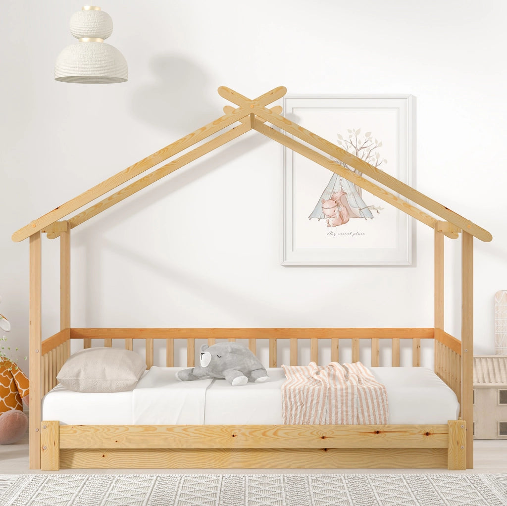 Letto casetta estensibile 208x182x170 cm; legno massello naturale