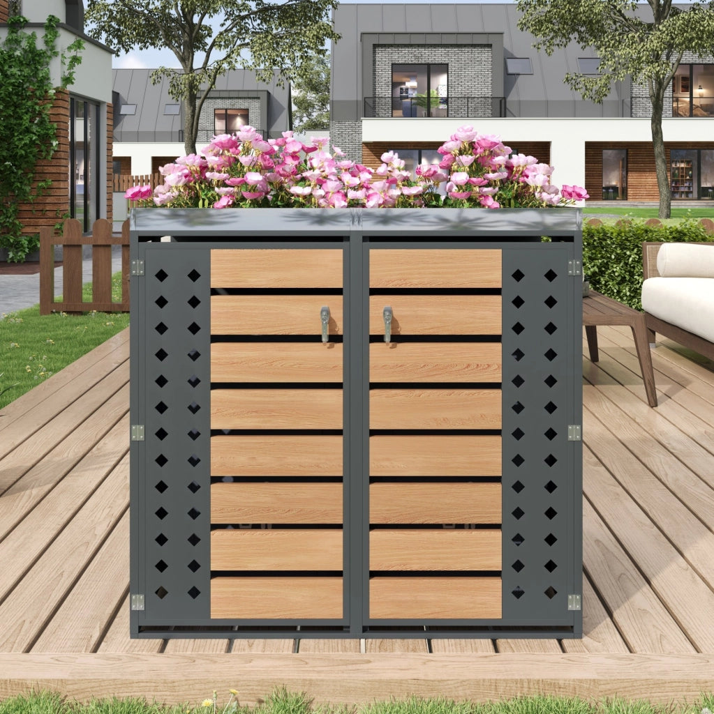 Porta bidoni da esterno con fioriera integrata; 2 vani; 132x80x124;6 cm; grigio e legno