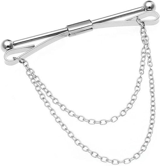Fibbia per Cravatta in Acciaio Inox con Catena, Argento, per Matrimoni, Eventi di Lavoro e Feste, Progetto Compattato con Blocco di Sicurezza