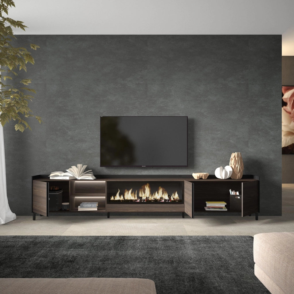 Mobile TV Soggiorno, 315x61x35 cm, Per TV fino a 80", Camino elettrico XXL, Design industriale, LED, Rovere scuro e Nero