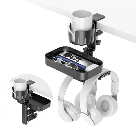 Bucherino per scrivania con 2 supporti per cuffie, becherino 3 in 1 per gaming con supporto per cuffie e cassetta rotativa sotto la scrivania, C-clamp robusto senza perforazione, per uso domestico e scolastico