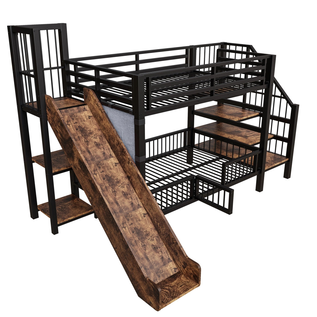 LETTO a soppalco 90x200 cm in metallo nero con scivolo e scala contenitore