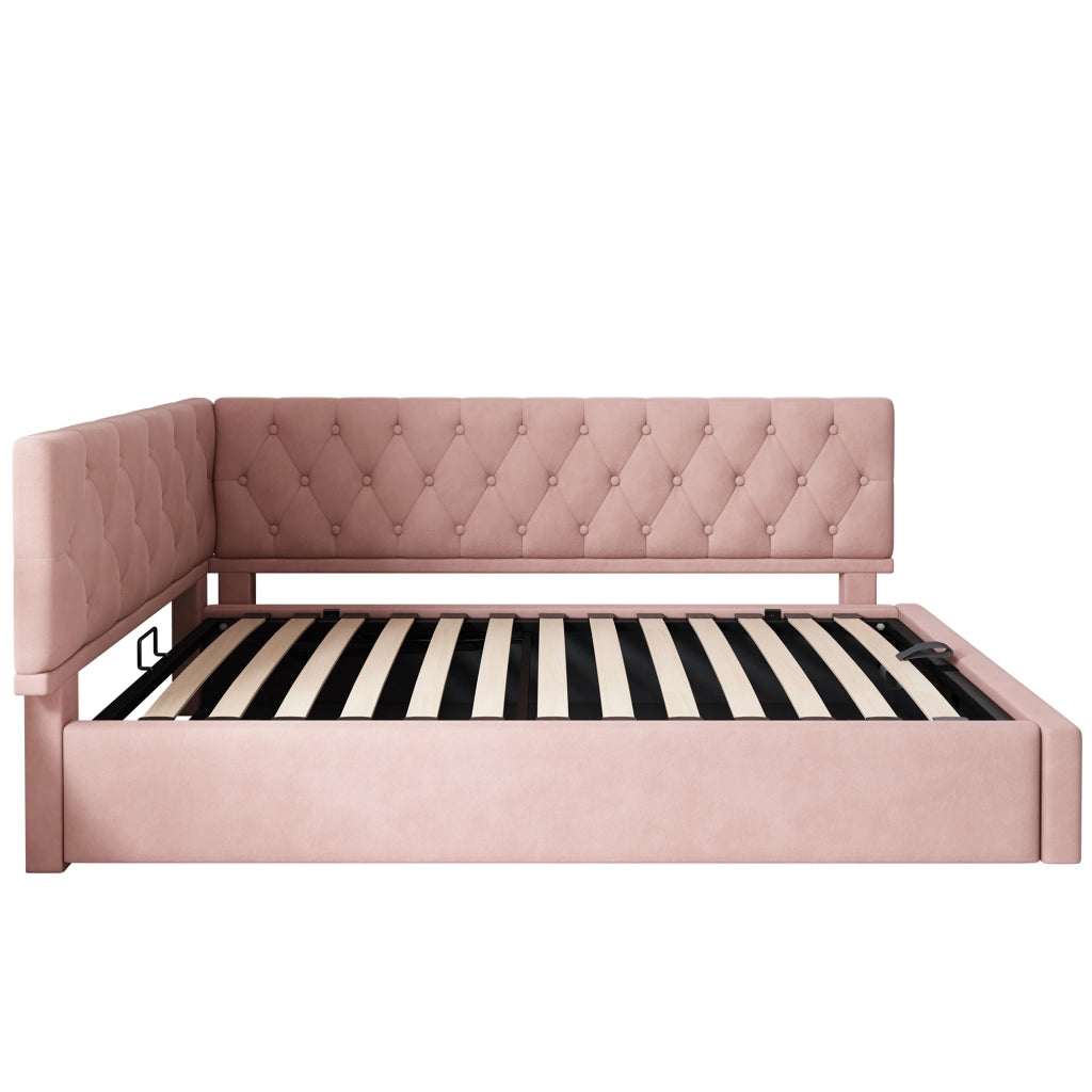 Letto singolo 90x200 cm in velluto rosa con contenitore idraulico, testiera reversibile e rete a doghe