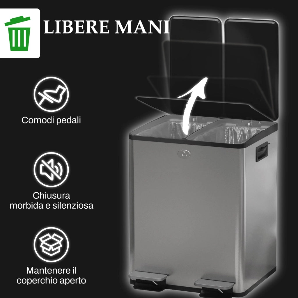 Pattumiera a Pedale 2 Sezioni da 20L 45,8x36x51,6 cm in Acciaio Inox e PP