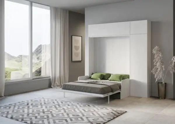 Letto matrimoniale a scomparsa 160 Kentaro con divano e mobili bianco frassino, verde