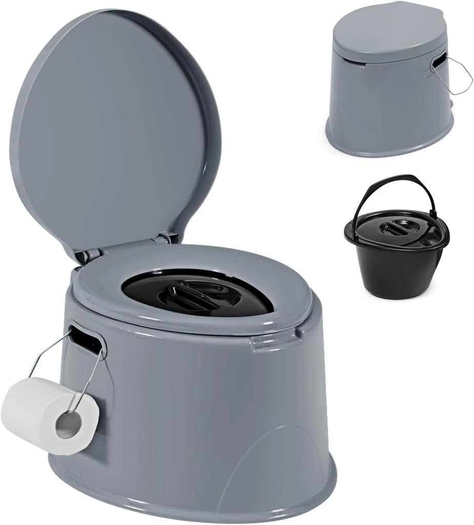 WC Portatile 5L, 49 X 41 X 34 CM, Toilette con Coperchio Anti-Odore, Secchio Interno Rimovibile, Portarotolo per Carta Igienica, Carico 200 kg, per Campeggio, Viaggi, Escursioni