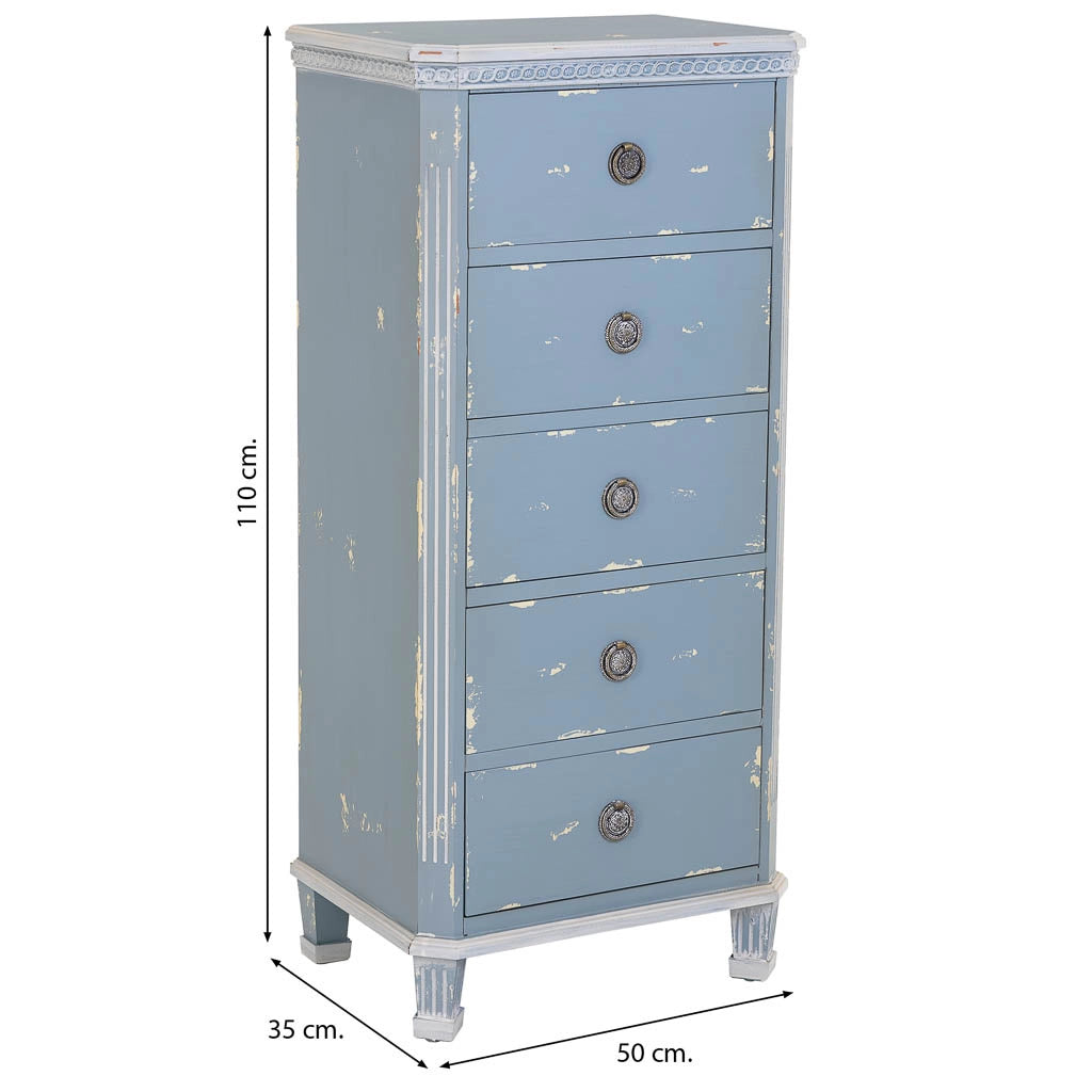 Cassettiera in legno blu con 5 cassetti 50x35x110h cm
