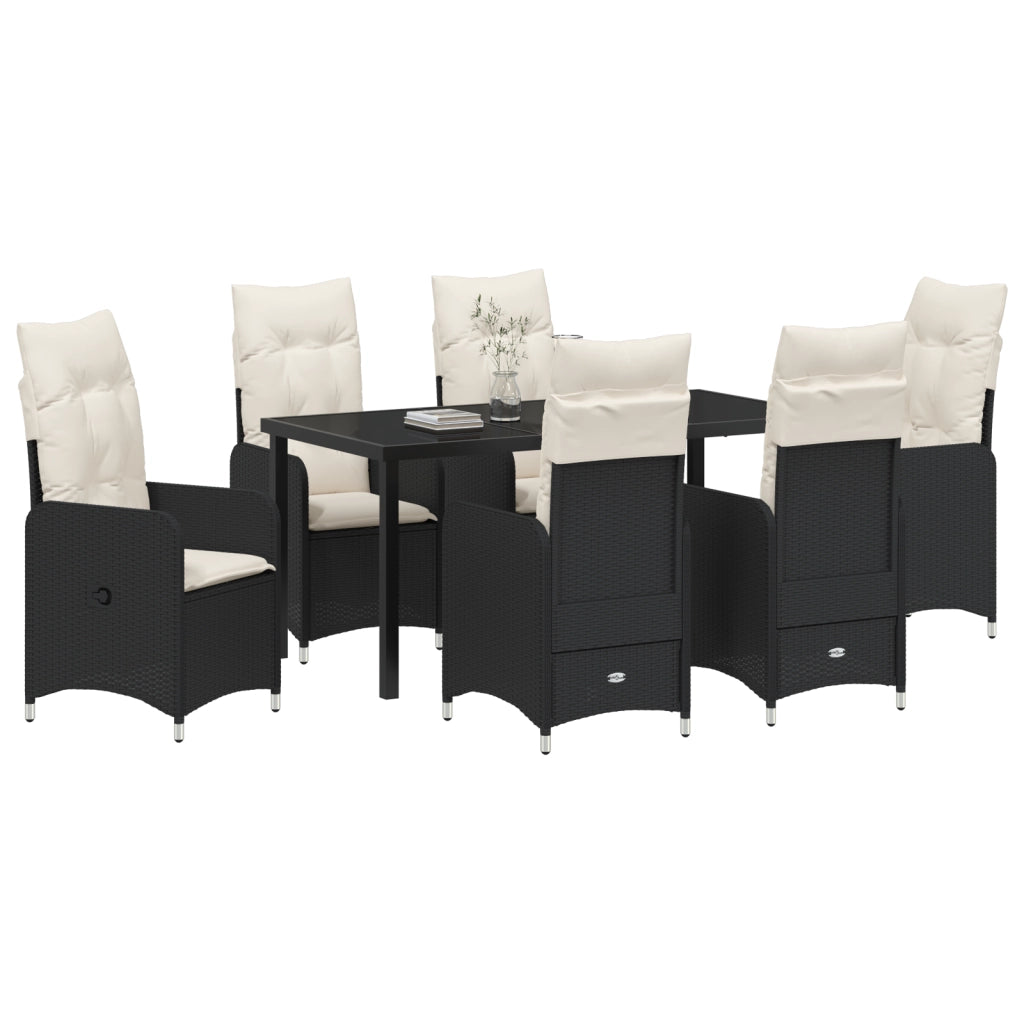 Set da Pranzo Giardino 7 Pezzi con Cuscini in Nero Polyrattan