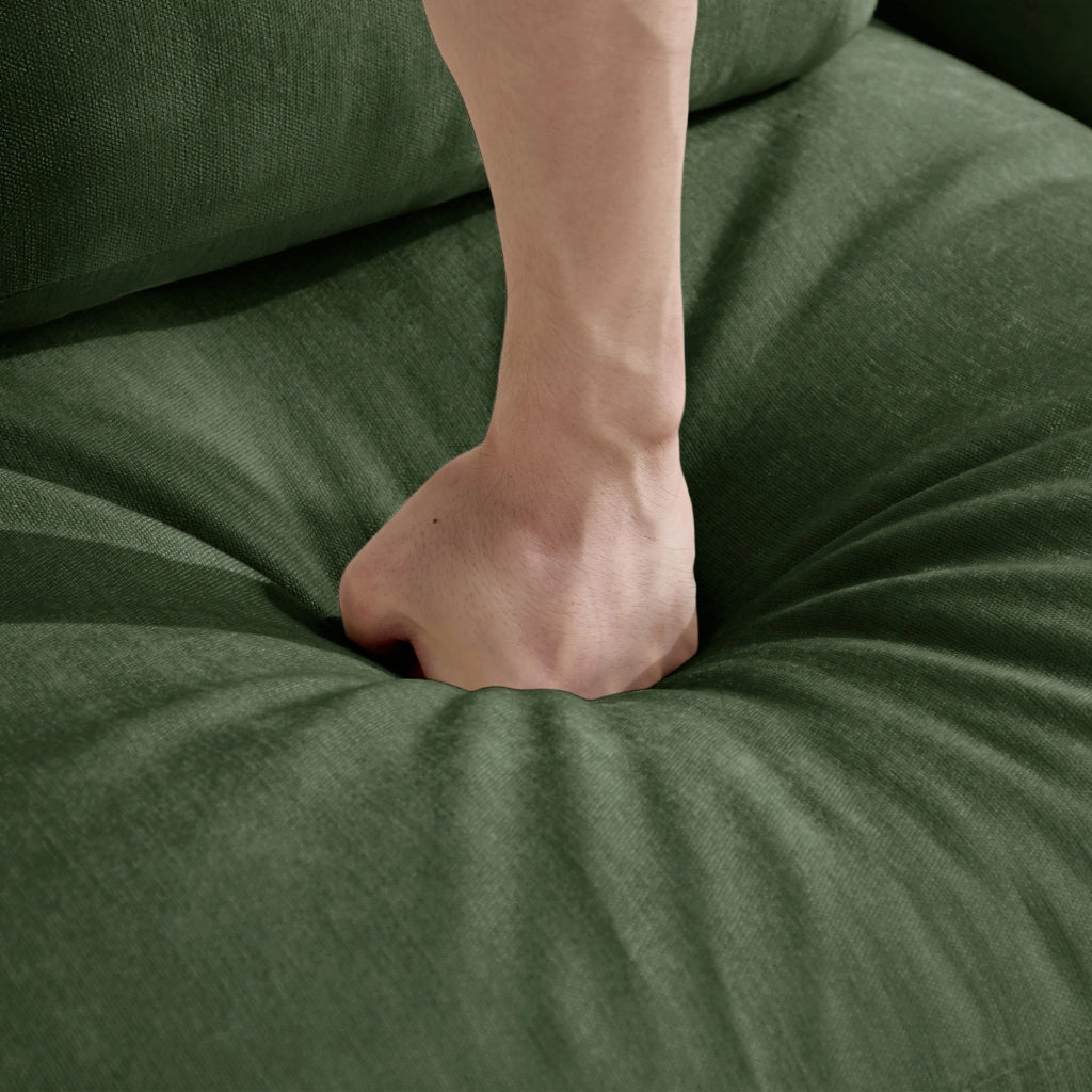 Divano modulare a L in chenille verde con pouf; cuscini lombari e bracciolo; 176x143x88 cm