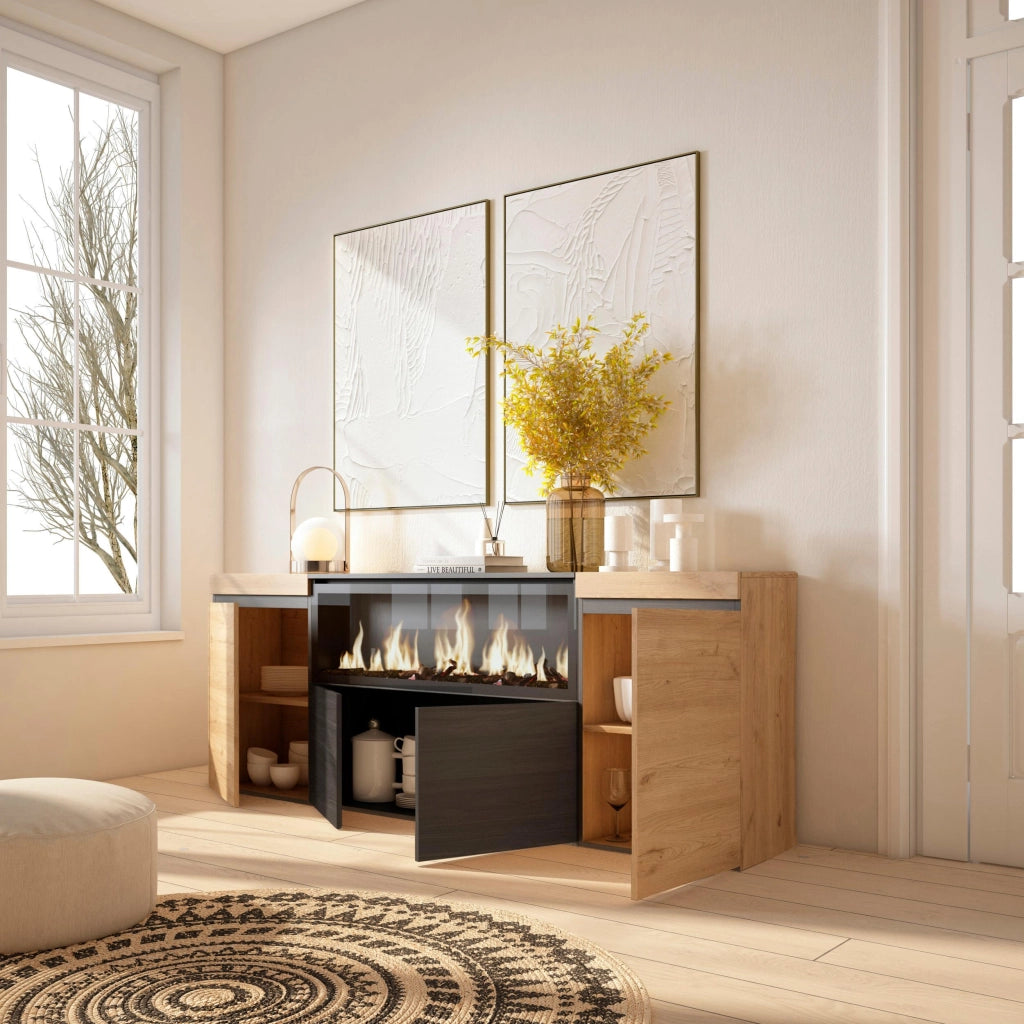 Credenza, Mobile, 208x35x75cm, 4 Porte, Camino elettrico XXL, colore Rovere e nero RF3220