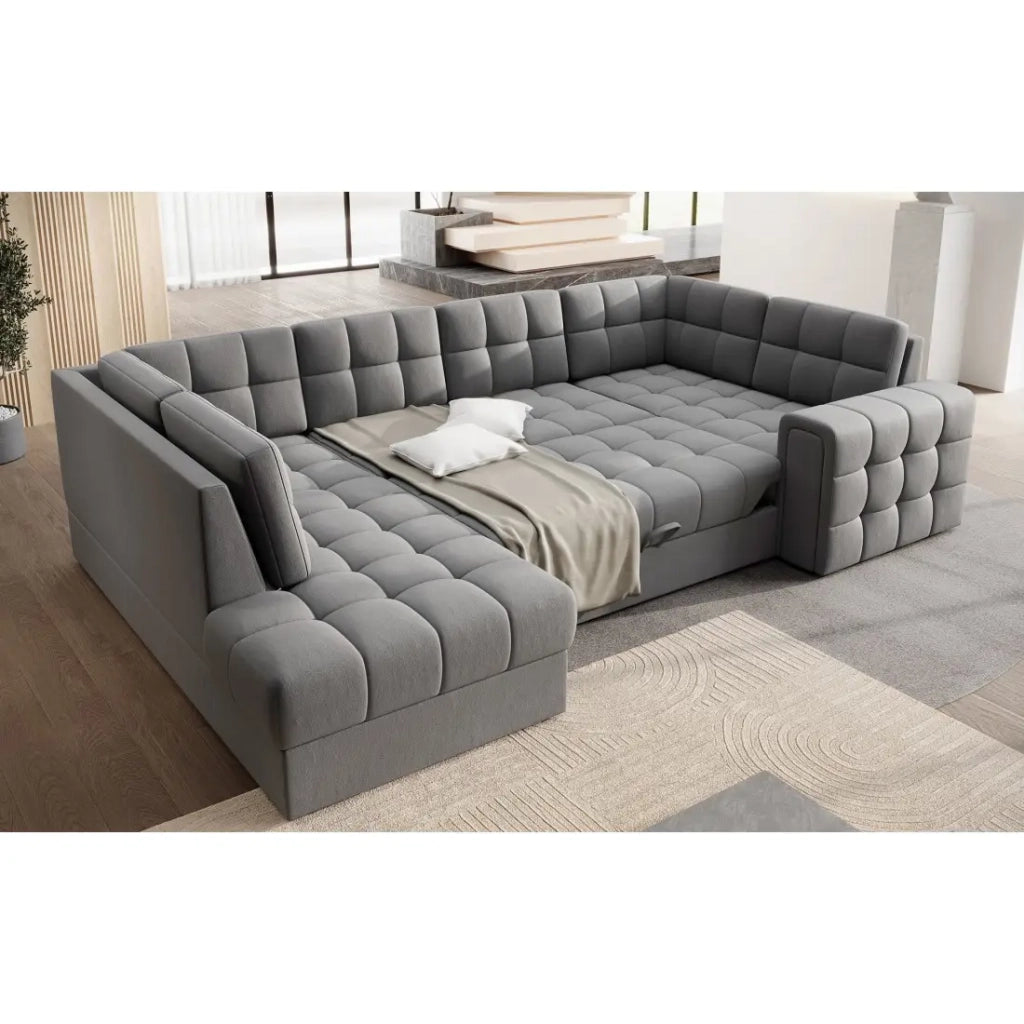 Divano angolare convertibile MONTEZA grigio sinistro 299 cm con contenitore e letto