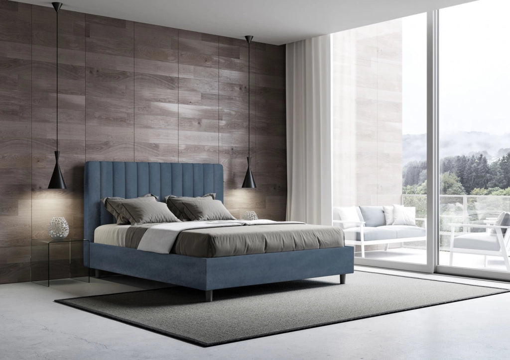 BS COM Letto una piazza e mezza contenitore imbottito 130x190 microfibra blu