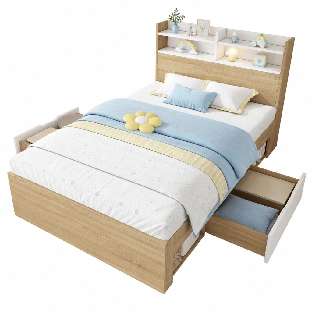 Letto singolo con contenitore 90x190 cm bianco e rovere; testiera con ripiani e 2 cassetti