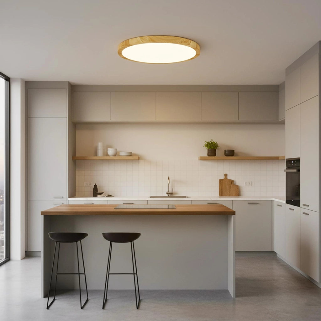 Plafoniera tonda elegante effetto legno design sottile LED 32W CCT IP40 luce soffitto cucina salone ufficio pizzeria 40cm