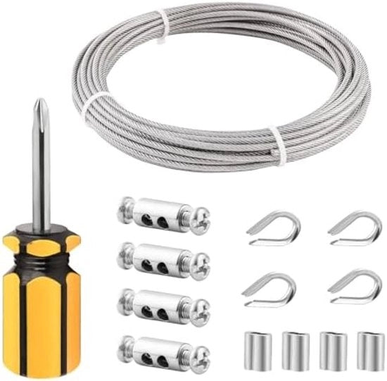 Cavo in Acciaio Inossidabile 3 mm x 10 m Con Accessori - Adatto per Recinzione, Illuminazione Esterna e Altro