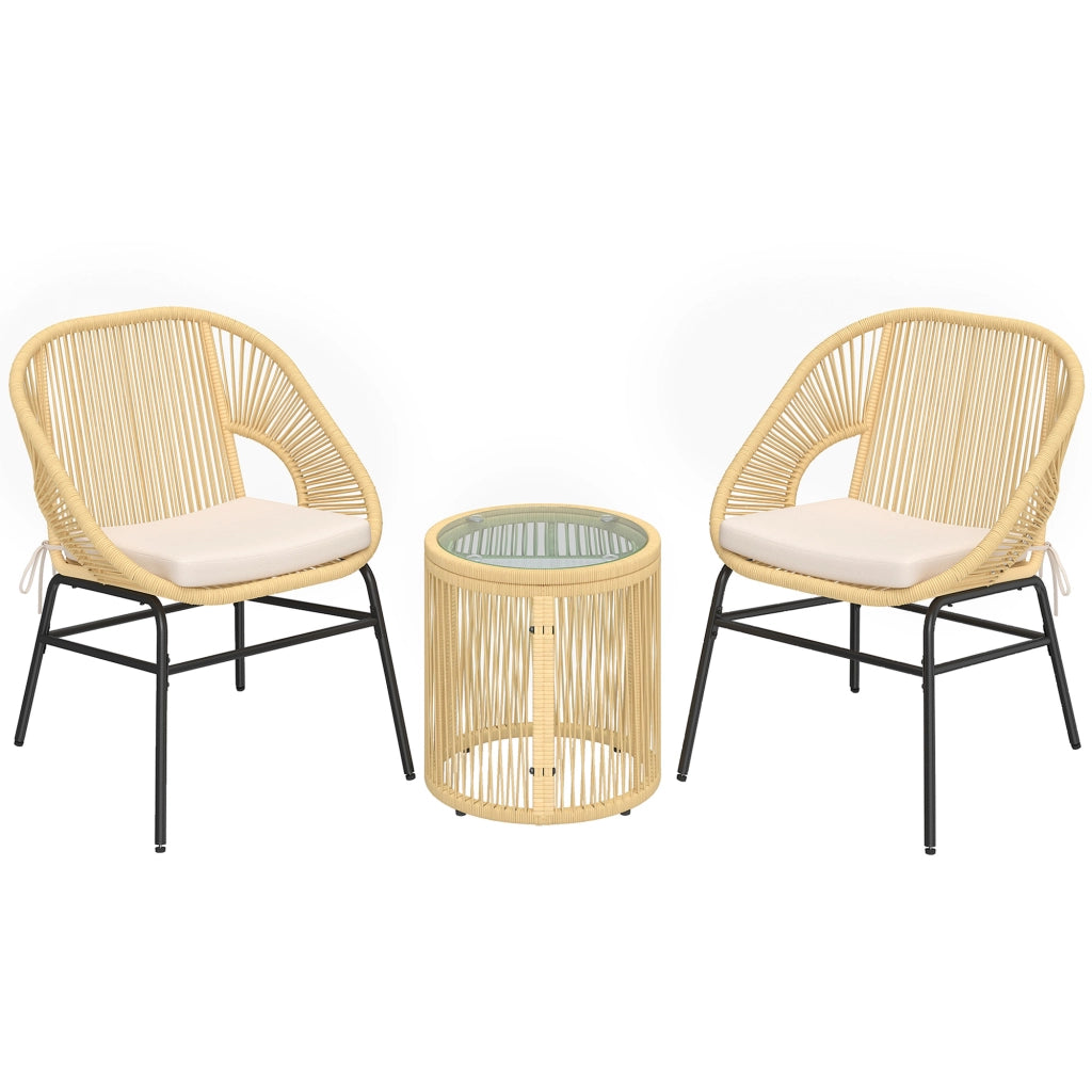 Set 3 Pezzi da Pranzo Bistrò con 2 Sedie Tavolo Rotondo con Piano in Vetro Temperato in Rattan e Acciaio Beige