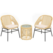 Set 3 Pezzi da Pranzo Bistrò con 2 Sedie Tavolo Rotondo con Piano in Vetro Temperato in Rattan e Acciaio Beige
