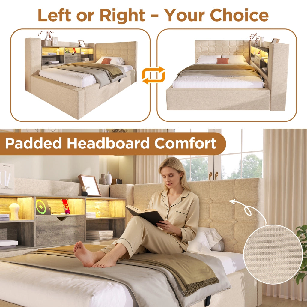 OKWISH Letto Singolo con Contenitore 90×200 cm, con LED Regolabile, USB e Tipo C, Testiera a L Reversibile, Materasso Incluso, Lino Beige