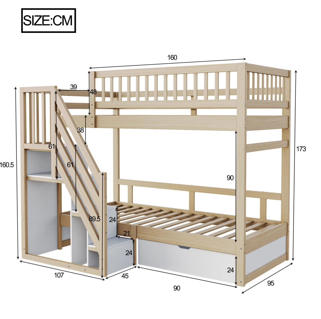 Letto a castello in legno massello 90x200 cm con scala contenitore e cassetti; bianco e legno naturale
