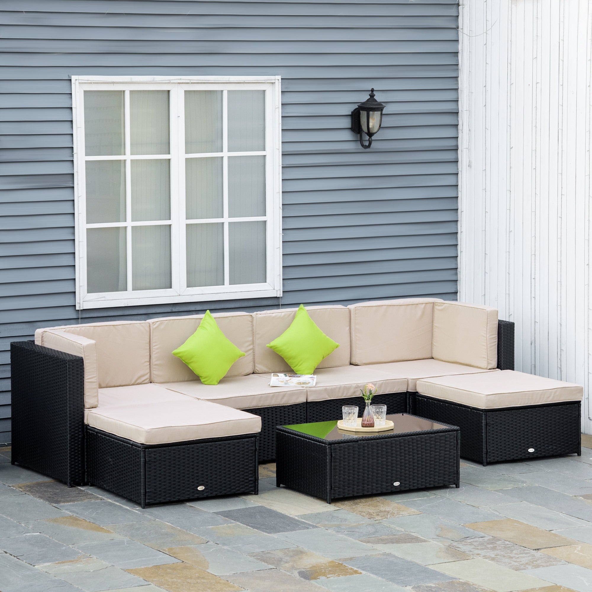 EASYCOMFORT  Salotto da Giardino in PE Rattan 7 Pezzi con Divano Pouf Tavolino Nero con Cuscini Cachi e Verde