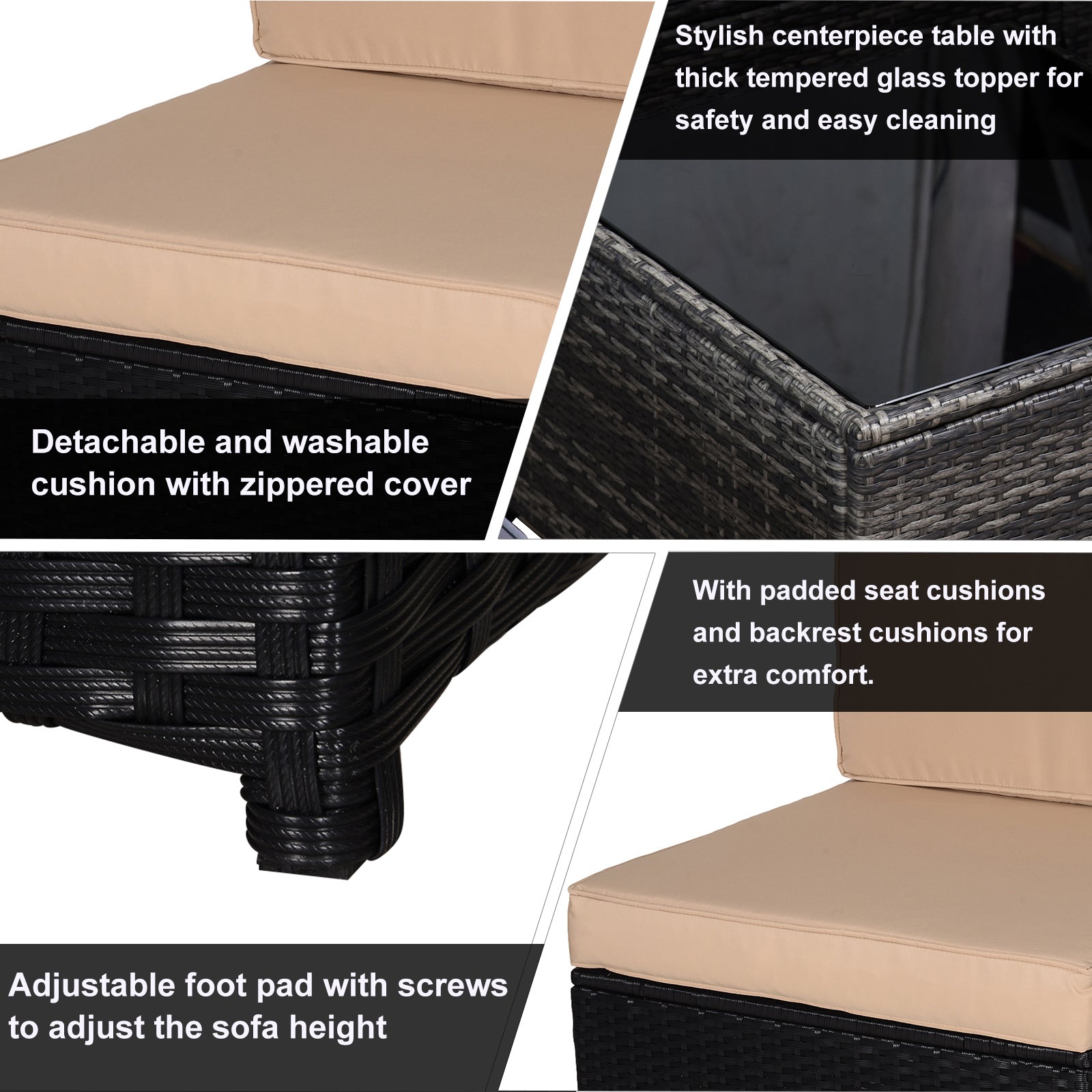 EASYCOMFORT  Salotto da Giardino in PE Rattan 7 Pezzi con Divano Pouf Tavolino Nero con Cuscini Cachi e Verde