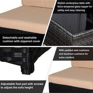 EASYCOMFORT  Salotto da Giardino in PE Rattan 7 Pezzi con Divano Pouf Tavolino Nero con Cuscini Cachi e Verde