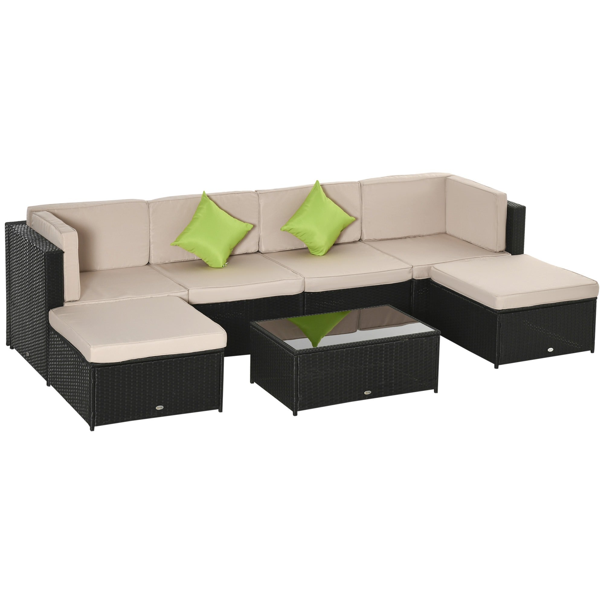 EASYCOMFORT  Salotto da Giardino in PE Rattan 7 Pezzi con Divano Pouf Tavolino Nero con Cuscini Cachi e Verde
