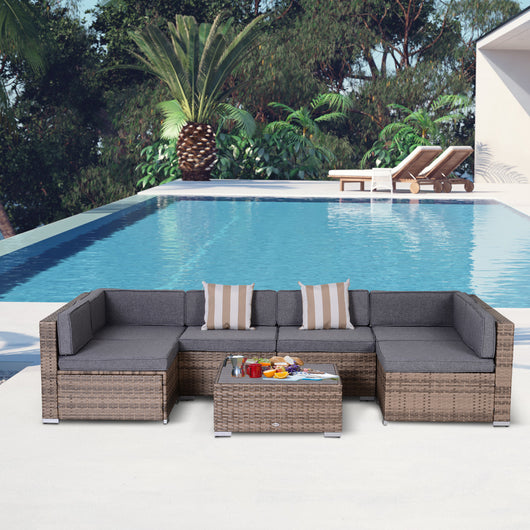 Easycomfort Salotto da Giardino in Rattan da 7 Pezzi con Tavolino e Divano Modulabile con Cuscini, Grigio