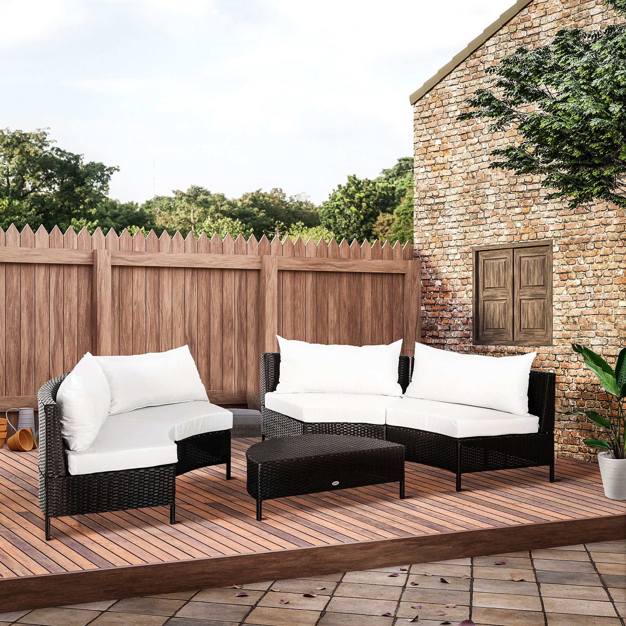 EASYCOMFORT  Mobili da giardino in Rattan Nero con Cuscini Bianchi, Set 5 Pezzi con Tavolino