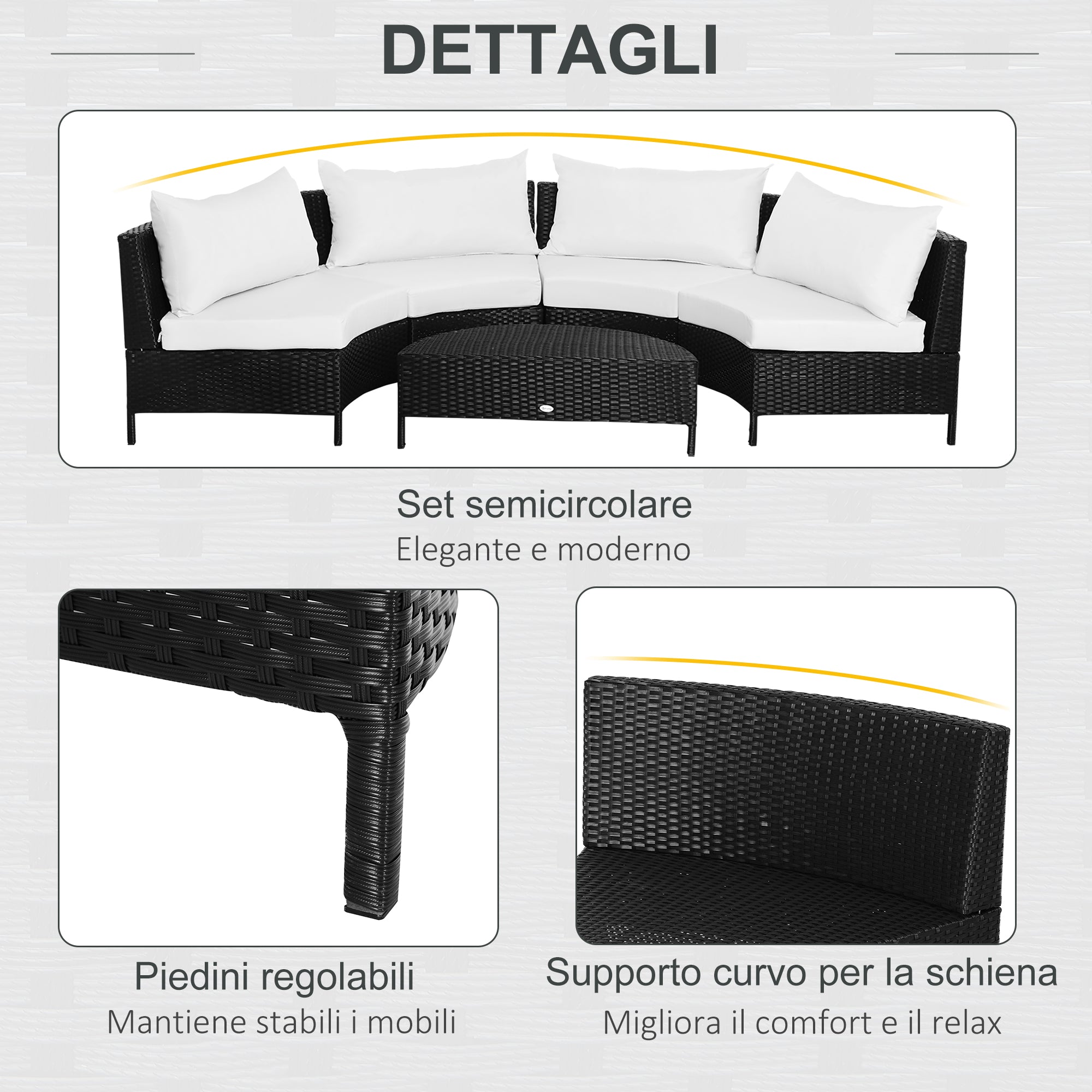 EASYCOMFORT  Mobili da giardino in Rattan Nero con Cuscini Bianchi, Set 5 Pezzi con Tavolino