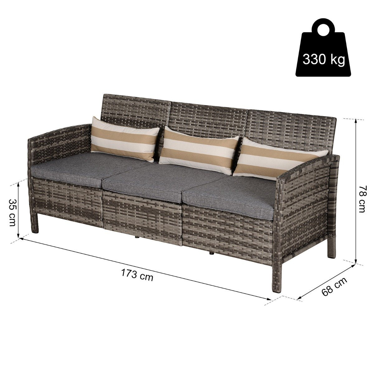 EASYCOMFORT Divano 3 Posti da Esterni in PE Rattan con Cuscini a Righe Grigio 173x68x78cm