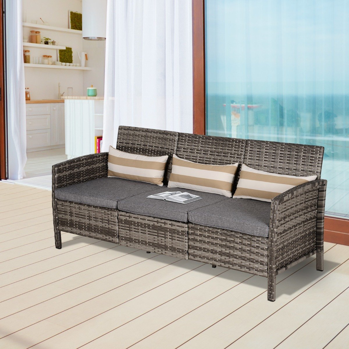 EASYCOMFORT Divano 3 Posti da Esterni in PE Rattan con Cuscini a Righe Grigio 173x68x78cm
