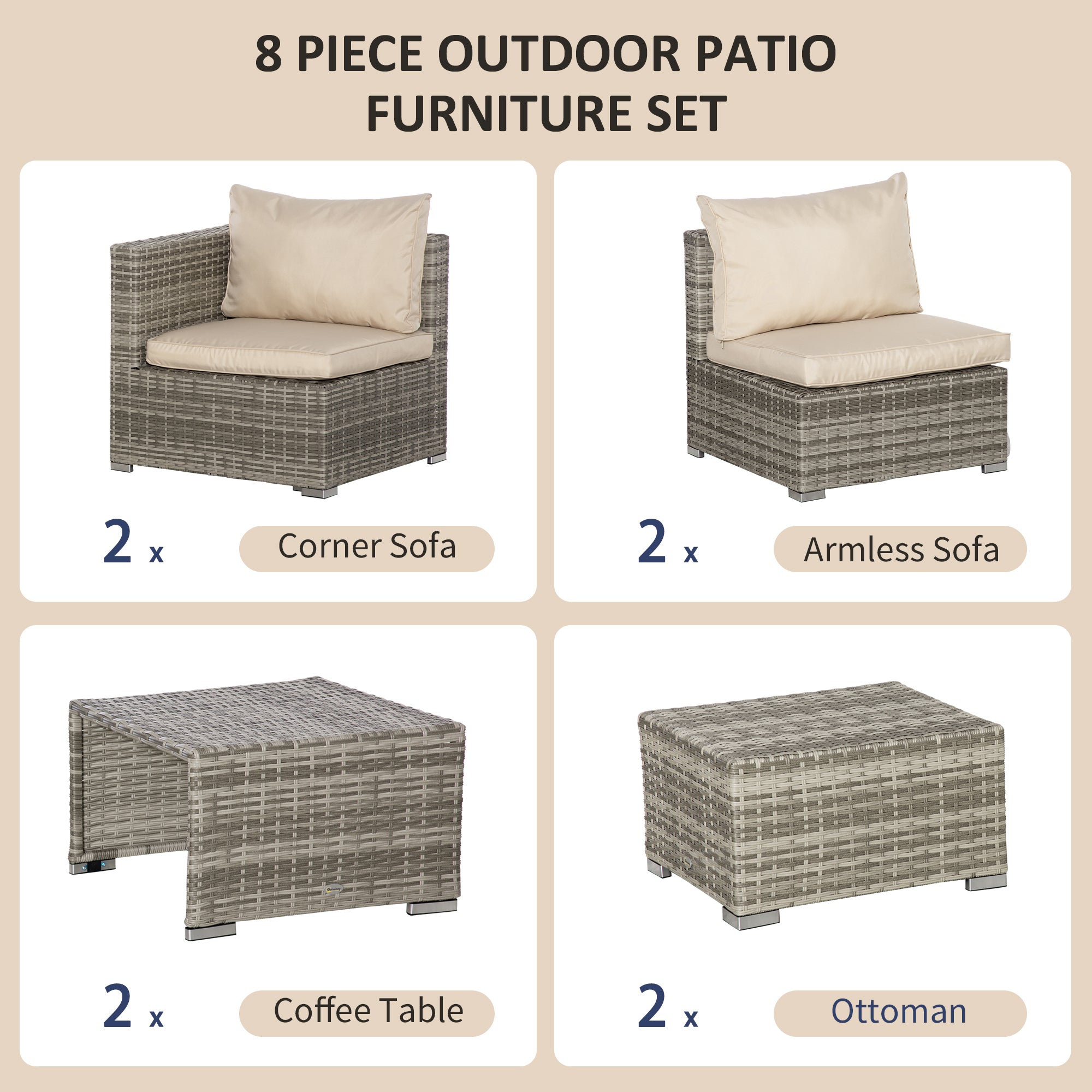 EasyComfort Salotto da Giardino in Rattan PE da 8 Pezzi con Poltrone, Tavolini e Sgabelli, Beige