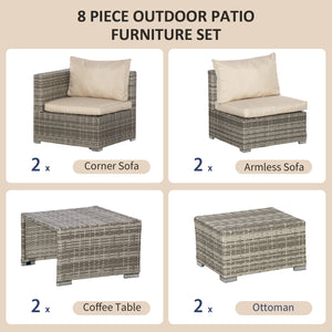 EasyComfort Salotto da Giardino in Rattan PE da 8 Pezzi con Poltrone, Tavolini e Sgabelli, Beige
