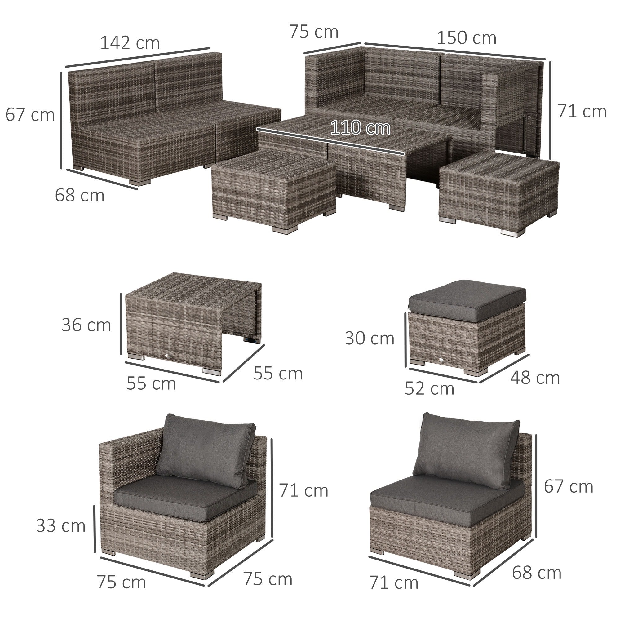 EASYCOMFORT  Salotto da Giardino in PE Rattan 8 Pezzi con Struttura in Alluminio Grigio
