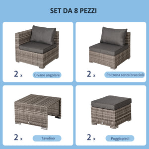 EASYCOMFORT  Salotto da Giardino in PE Rattan 8 Pezzi con Struttura in Alluminio Grigio
