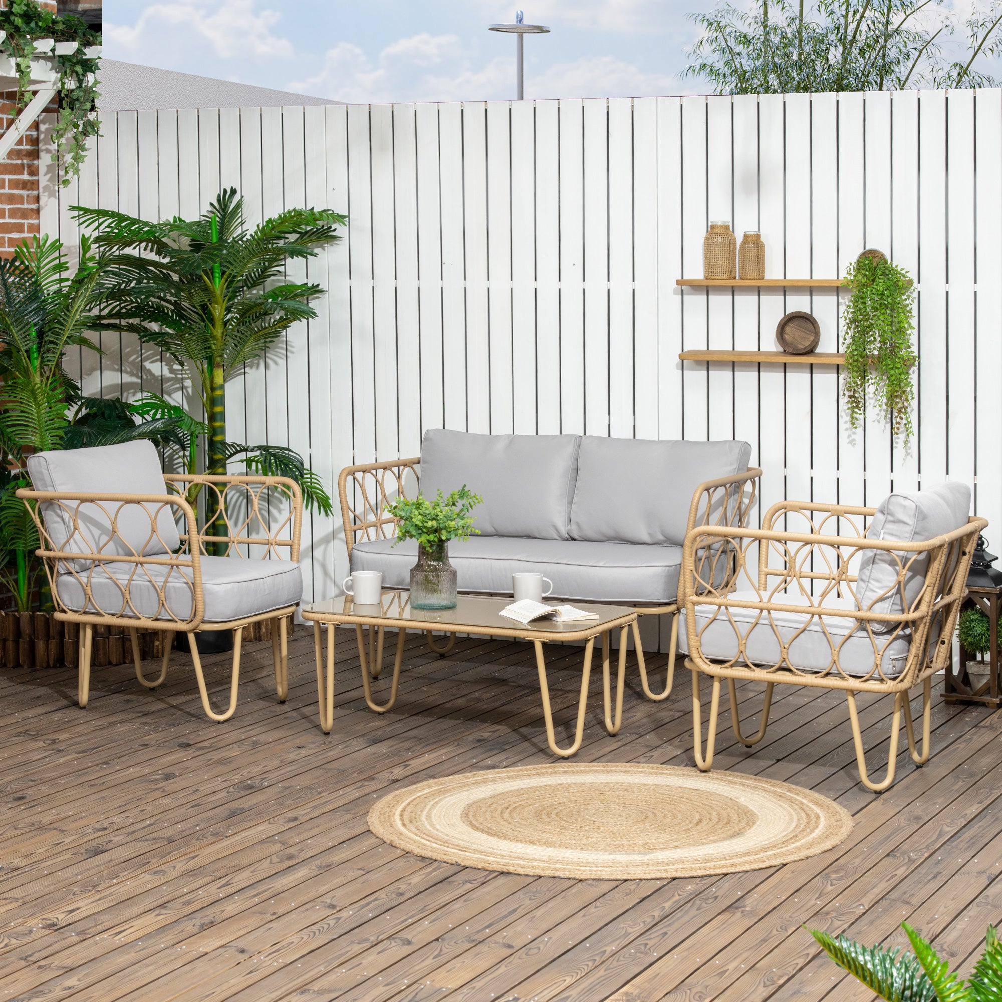 Easycomfort Salotto da Giardino in Rattan Stile Boho con Divano 2 Posti, 2 Poltrone e Tavolino con Vetro