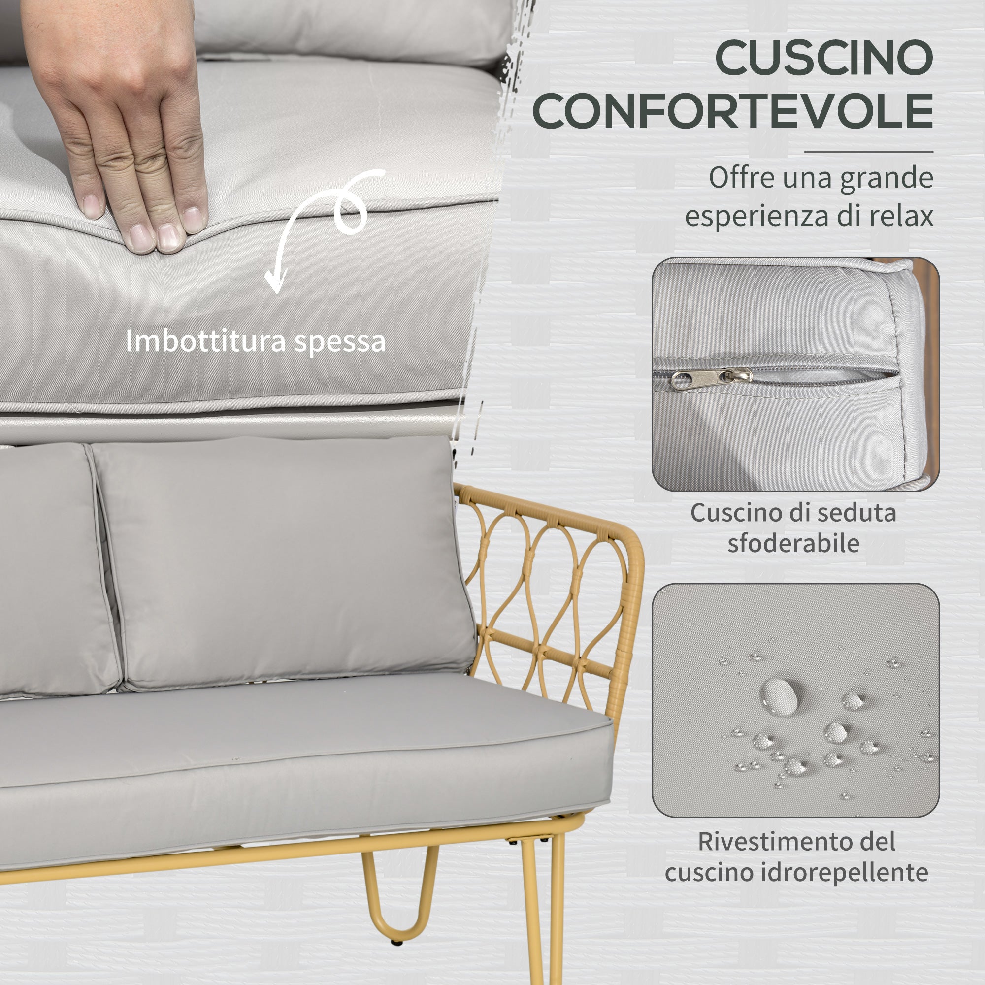 Easycomfort Salotto da Giardino in Rattan Stile Boho con Divano 2 Posti, 2 Poltrone e Tavolino con Vetro