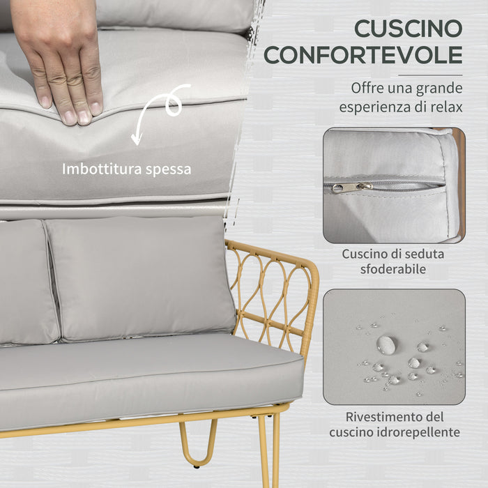 Easycomfort Salotto da Giardino in Rattan Stile Boho con Divano 2 Posti, 2 Poltrone e Tavolino con Vetro