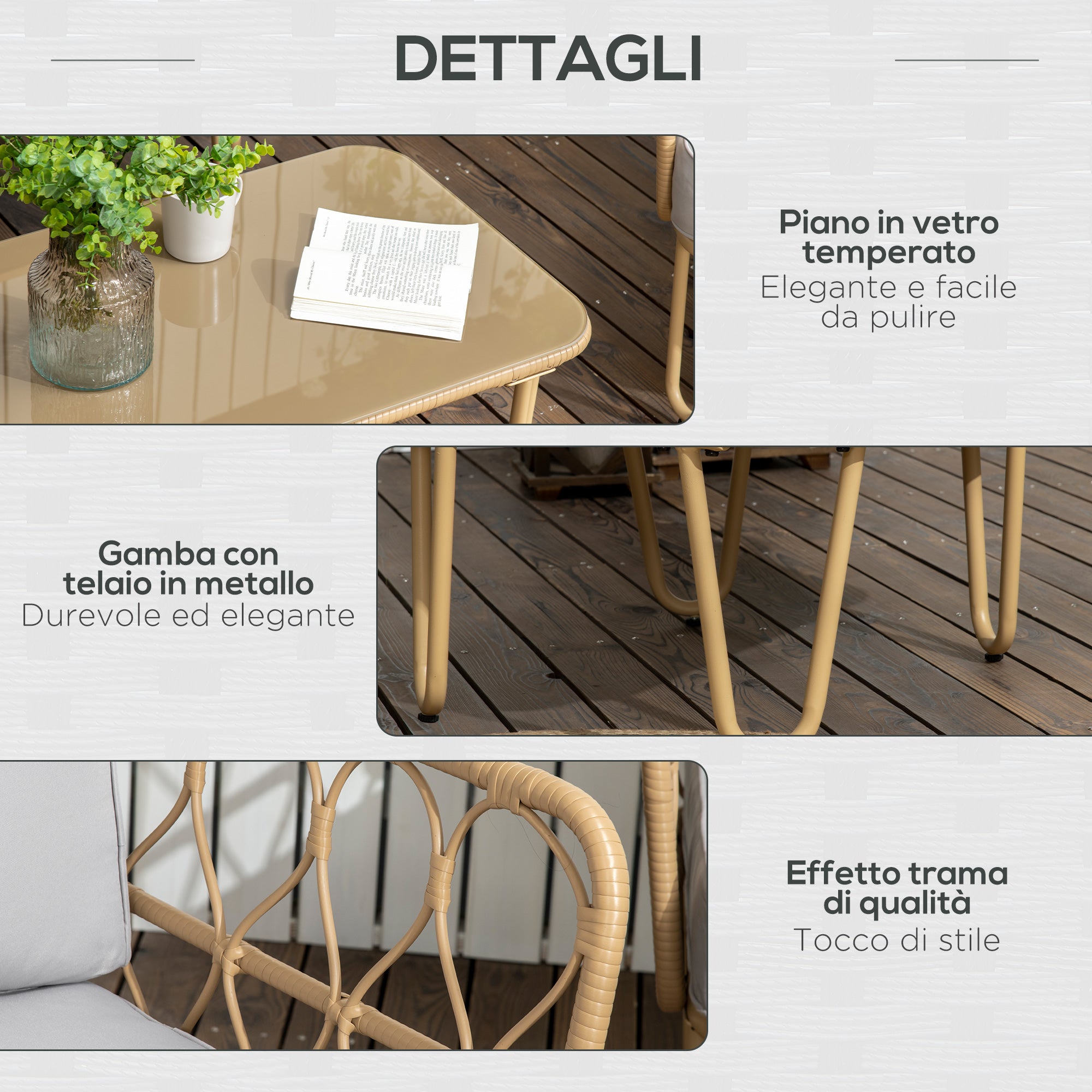 Easycomfort Salotto da Giardino in Rattan Stile Boho con Divano 2 Posti, 2 Poltrone e Tavolino con Vetro