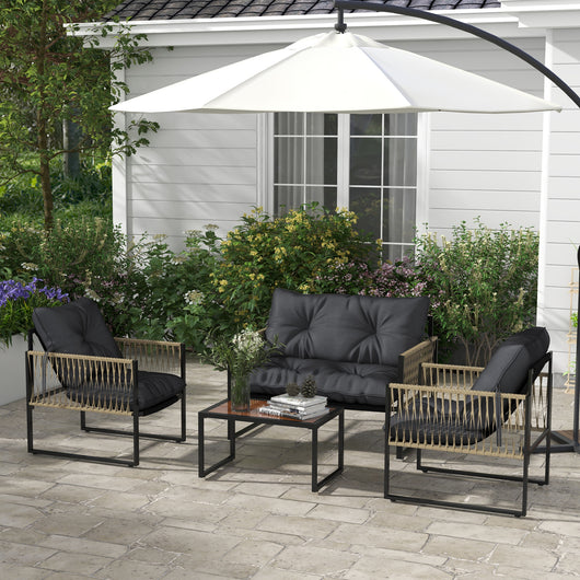 EasyComfort Set da Giardino 4 Pezzi in Rattan con Divanetto, 2 Sedie e Tavolino da Caffè, Grigio e Marrone