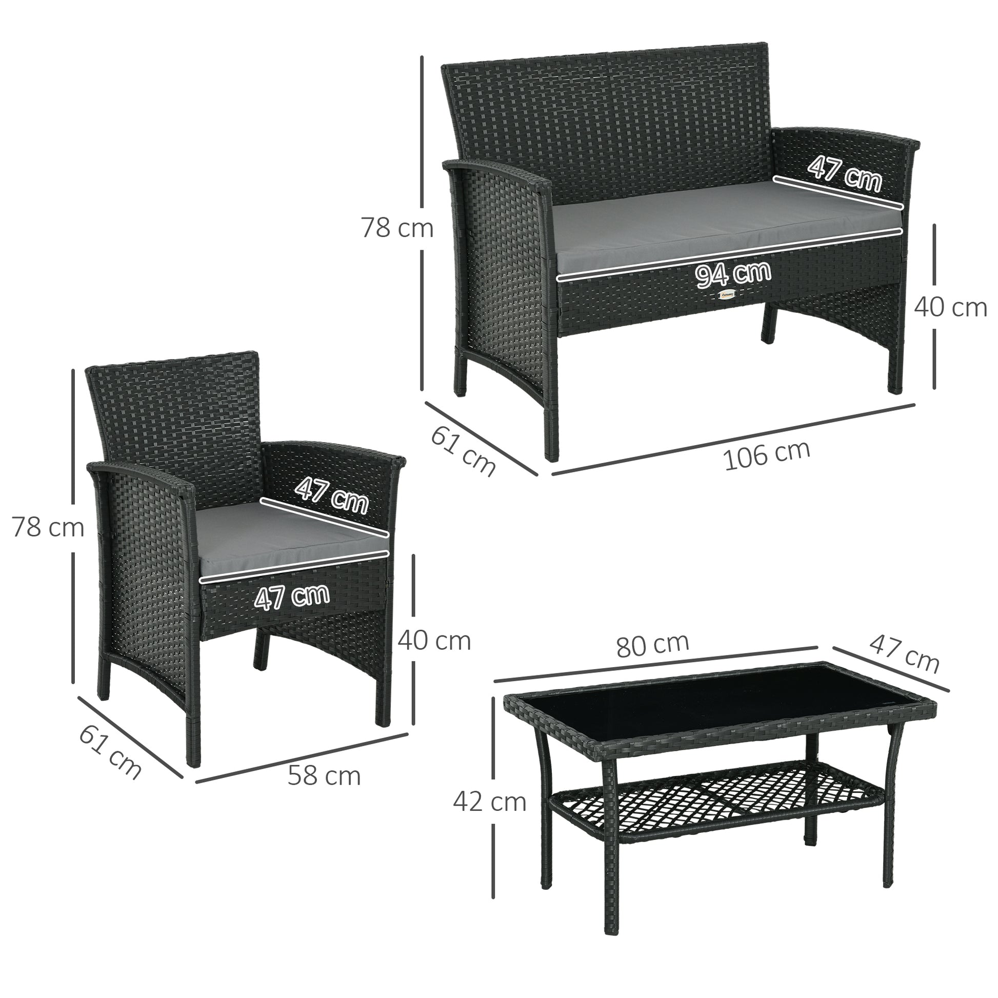 EasyComfort Salotto da Esterno Rattan PE con Divanetto, 2 Poltrone con Cuscini e Tavolino in Vetro, Nero e Grigio