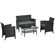 EasyComfort Salotto da Esterno Rattan PE con Divanetto, 2 Poltrone con Cuscini e Tavolino in Vetro, Nero e Grigio