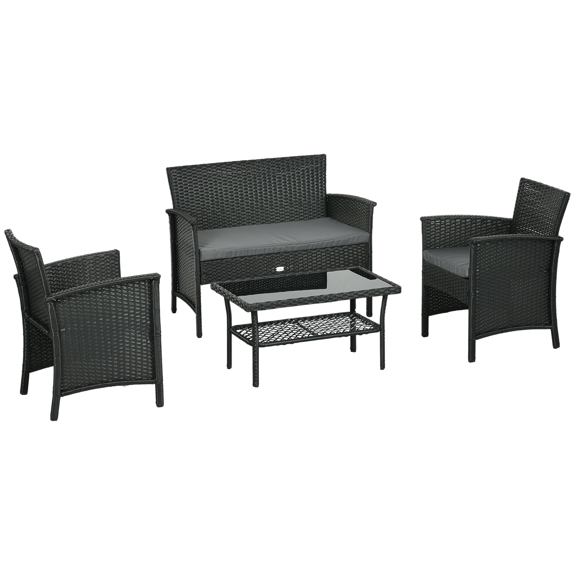 EasyComfort Salotto da Esterno Rattan PE con Divanetto, 2 Poltrone con Cuscini e Tavolino in Vetro, Nero e Grigio