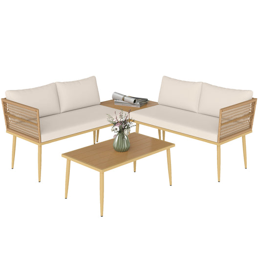 EasyComfort Set Salotto da Esterno in Rattan PE con 2 Divani a 2 Posti con Cuscini e 2 Tavoli da Caffè, Colore Legno