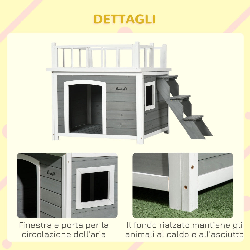 Casetta per Cani con Terrazza Scaletta e Finestra 121x77x78cm Grigio chiaro