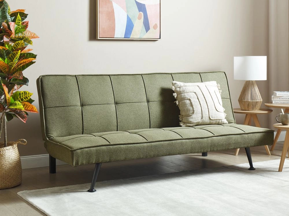 Divano Letto Verde Oliva 3 Posti Imbottito Trapuntato Gambe In Metallo Click Clack