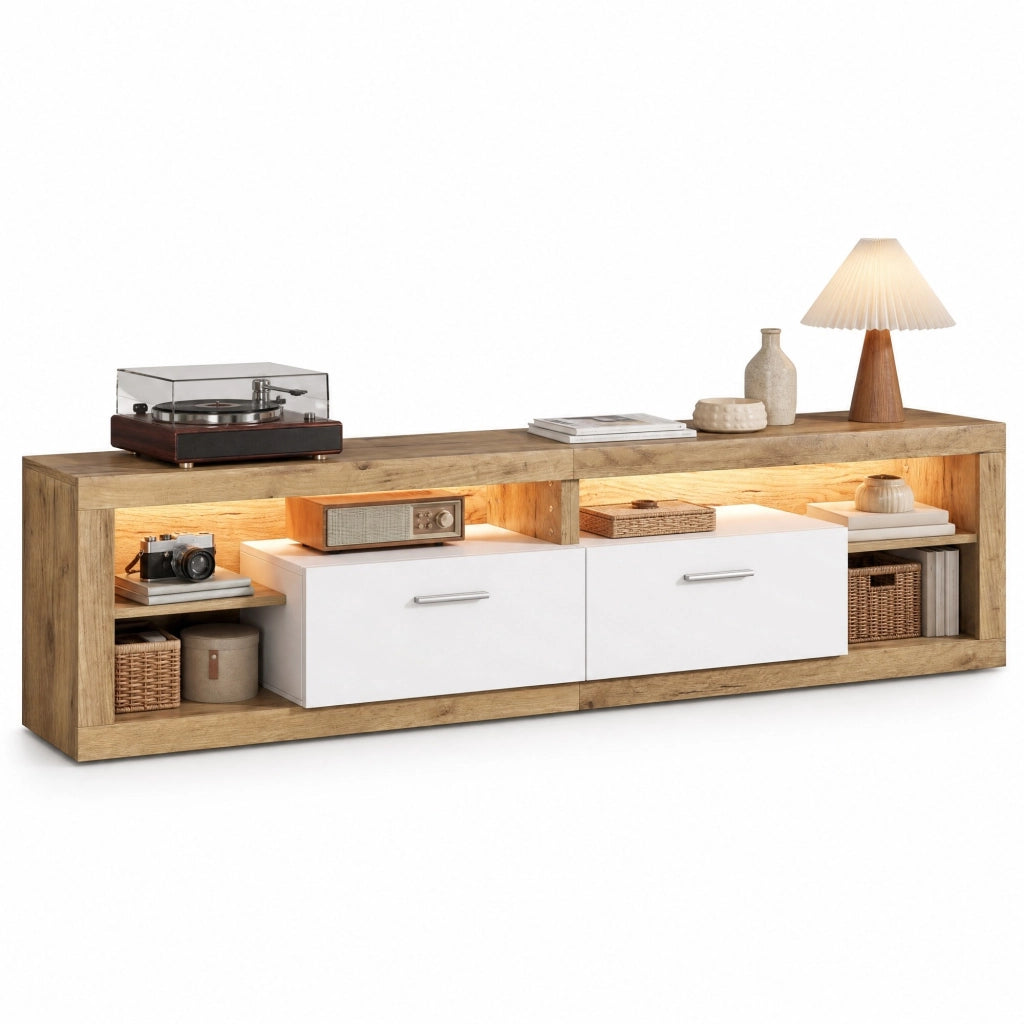 TV-Schrank 180x35,5x50 cm con LED controllati da app, 2 cassetti, 4 vani aperti, portata 30 kg, colore naturale e bianco